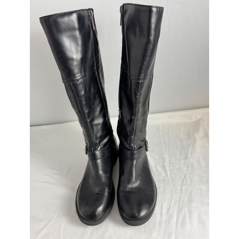 Kenneth Cole Reaction Women Black Faux Leather Tall‎ Riding Boots Buckle Zip 8.5